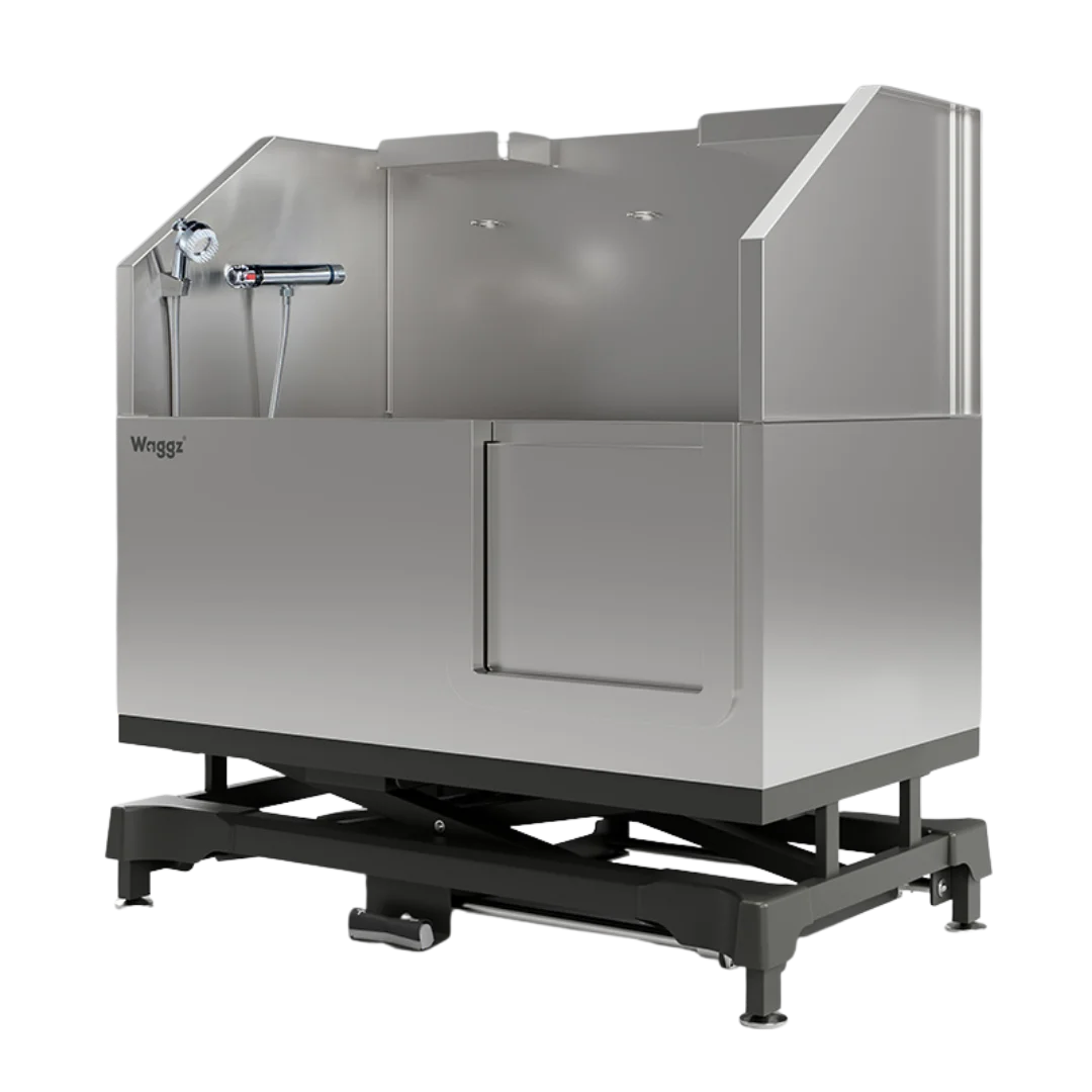Dog Grooming Electric Tub with Sliding Door by Waggz,"Stainless steel grooming tub with sliding front door and sprayer"
