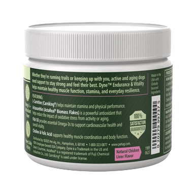PetAg Dyne Soft Chews Endurance & Vitality,"White plastic supplement jar with green label"