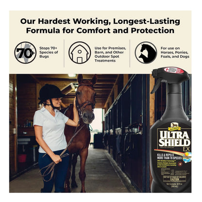 UltraShield® EX Insecticide & Repellent,"Spray bottle beside horse and rider in barn aisle"