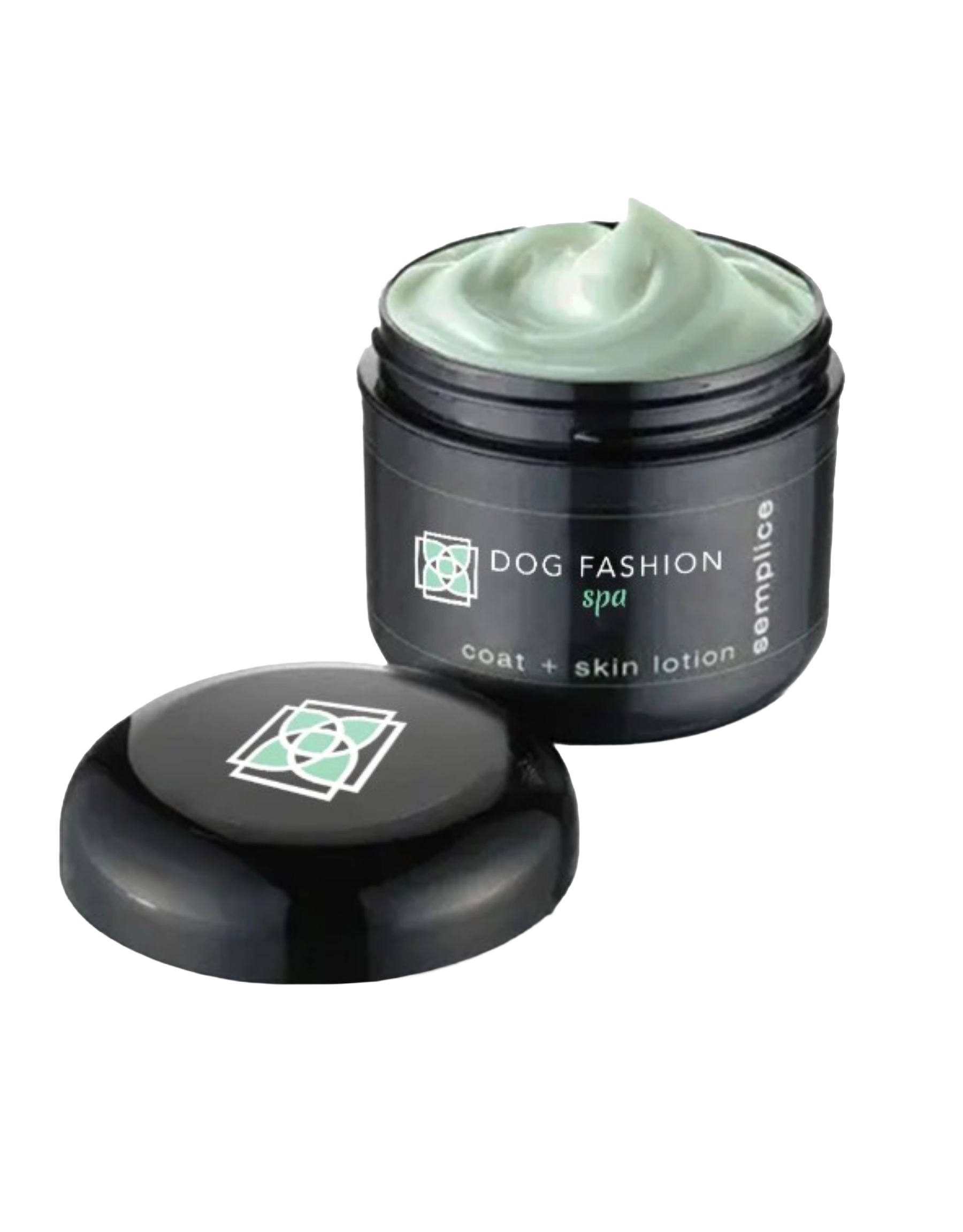 Semplice Leave-in Lotion,"Open black jar with pale green lotion and lid beside it"