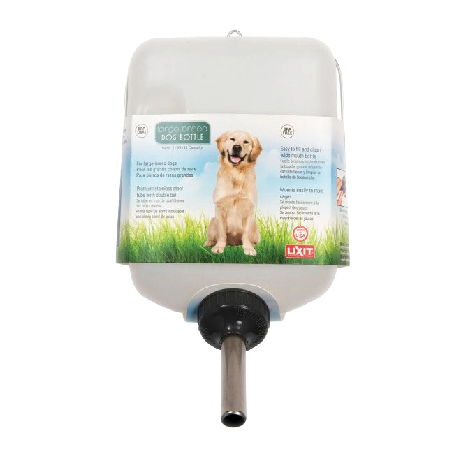 Lixit® Dog Waterer,"Front view of water bottle with metal drinking tube"