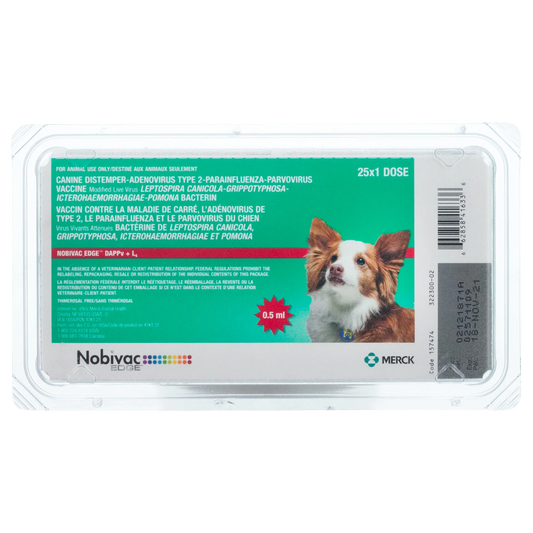 Nobivac® Edge DAPPV+L4,"Green vaccine tray package with dog image"