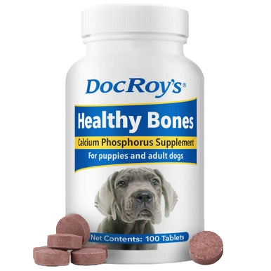 Doc Roy's® Healthy Bones - Bone Health Vitamins for Dogs & Cats,"White supplement bottle with dog label and round chew tablets"