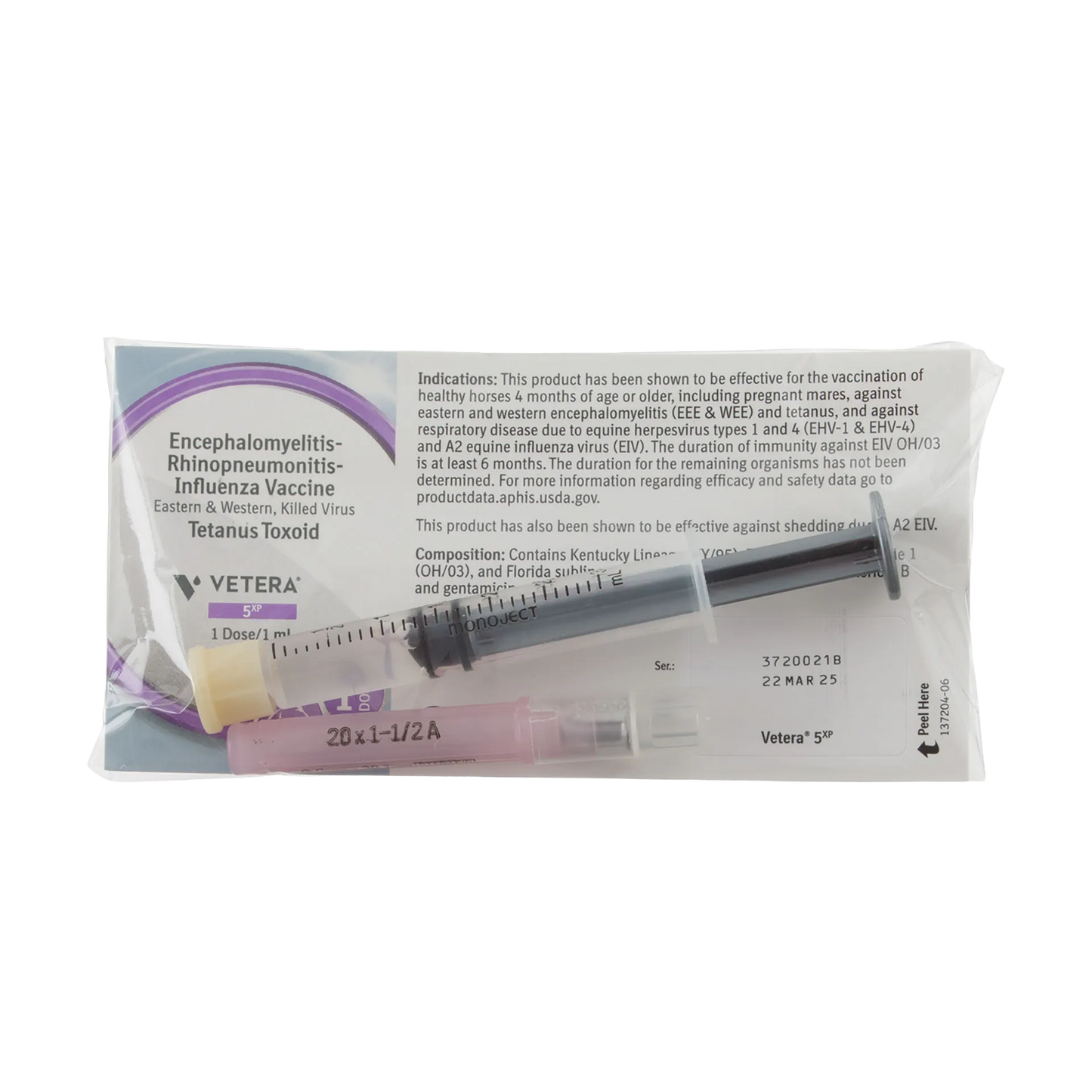 "VETERA® 5XP, Single Dose","Packaged vaccine insert with syringe and pink needle cover"