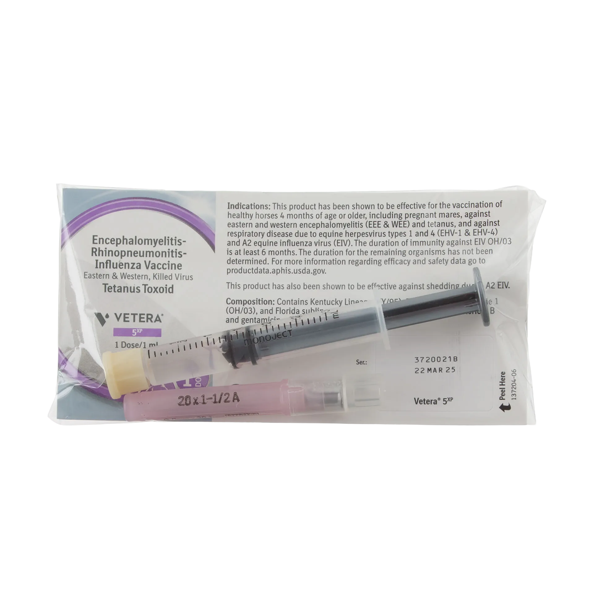 "VETERA® 5XP, Single Dose","Packaged vaccine insert with syringe and pink needle cover"