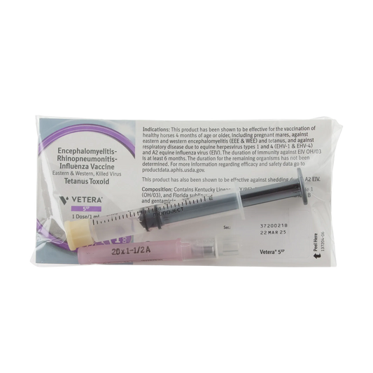 "VETERA® 5XP, Single Dose","Packaged vaccine insert with syringe and pink needle cover"