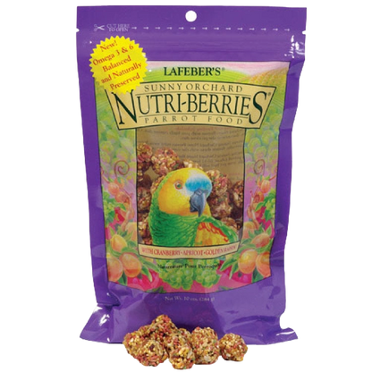 Lafeber Gourmet Sunny Orchard Nutri-Berries,"Purple stand-up pouch with parrot image and nutri-berries in front"