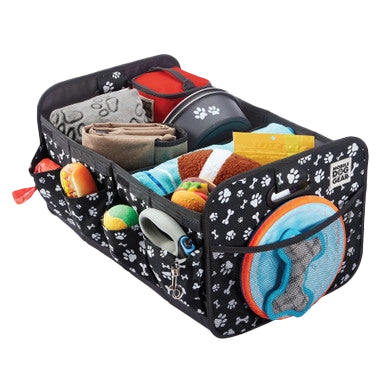 Dogssentials Collapsible Storage Organizer,"Collapsible pet storage organizer filled with toys and pet supplies"