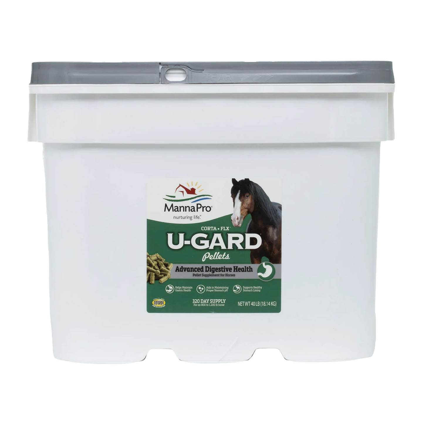 U-Gard® Pellets for Horses,"White plastic tub with gray tear-strip lid and front label"