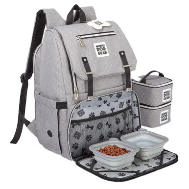 Ultimate Week Away Backpack,"Gray backpack with food containers, mat, and small accessory bag"