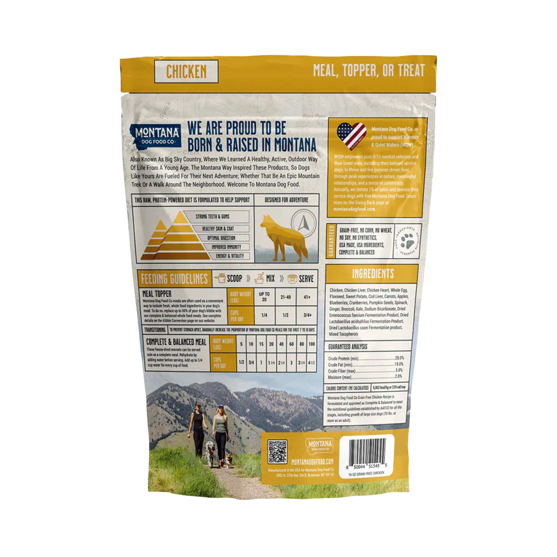 Adventure Fuel: Freeze-Dried Raw Dog Food,"Back of dog food bag with feeding guide and ingredients panel"