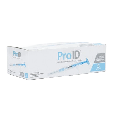 ProID® ISO Microchips,"Microchip box with syringe illustration, 5 count packaging"