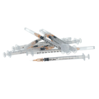 1cc VetriJec™ Syringes with 25 gauge Needles,"Pile of clear syringes with attached capped needles"