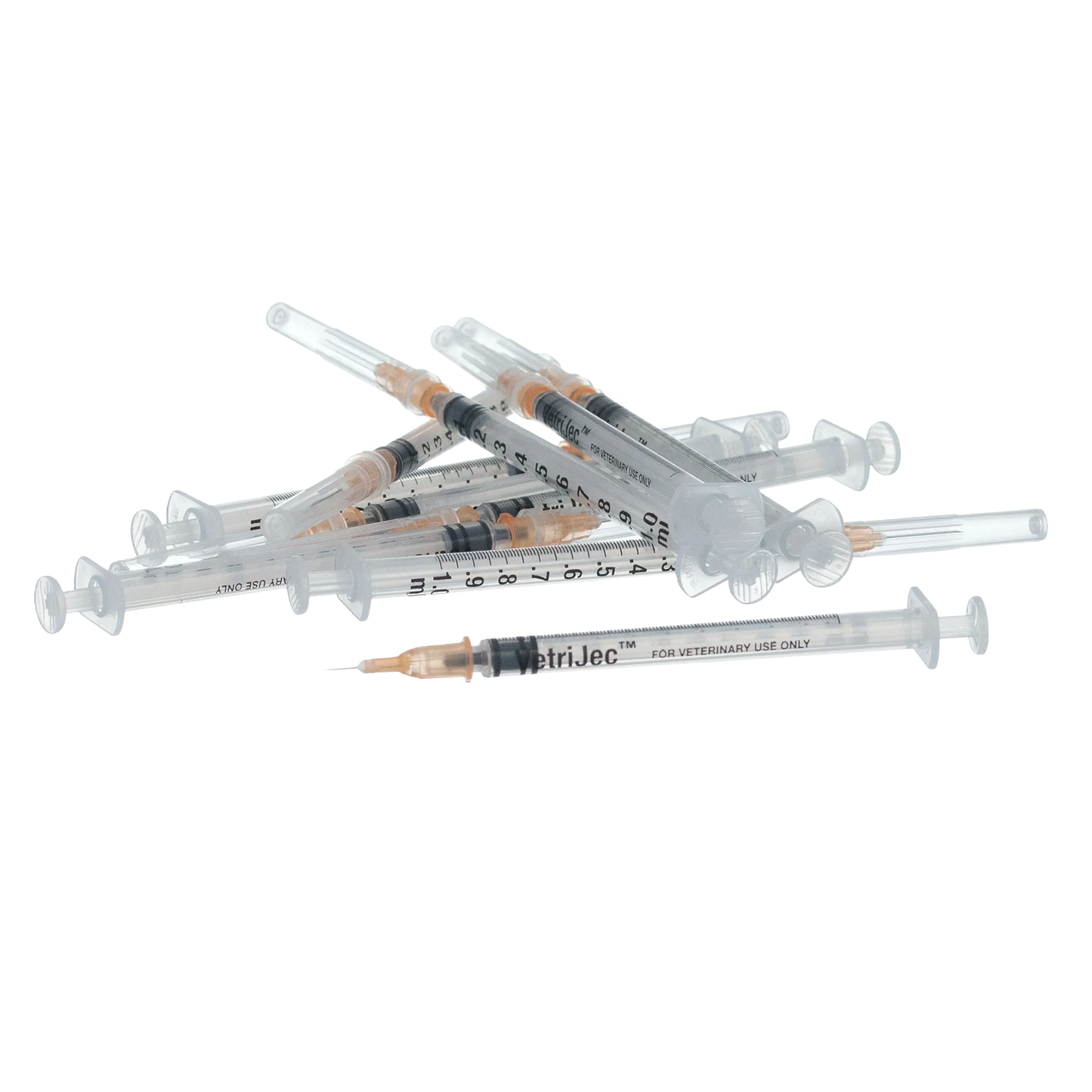 1cc VetriJec™ Syringes with 25 gauge Needles,"Pile of clear syringes with attached capped needles"