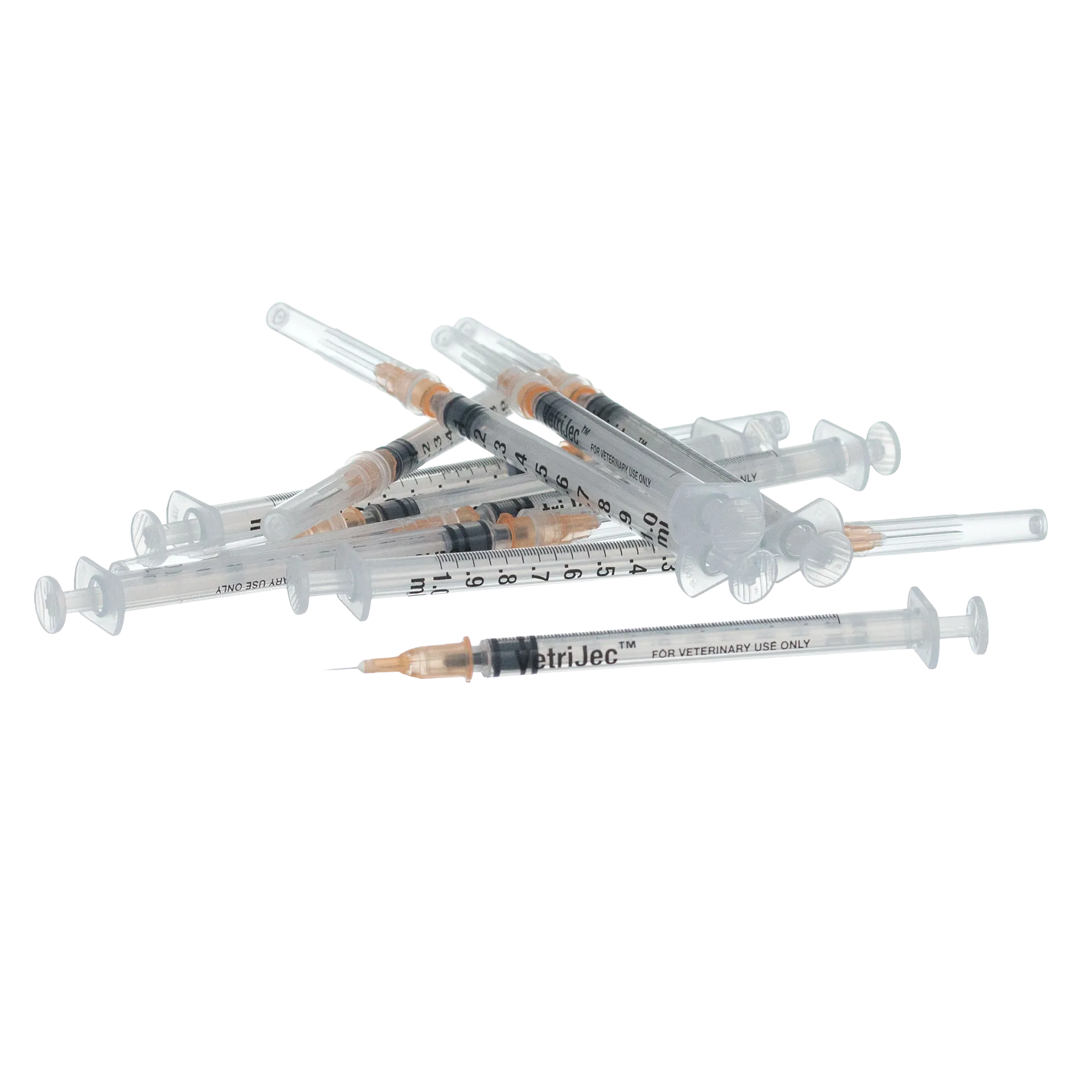 1cc VetriJec™ Syringes with 25 gauge Needles,"Pile of clear syringes with attached capped needles"