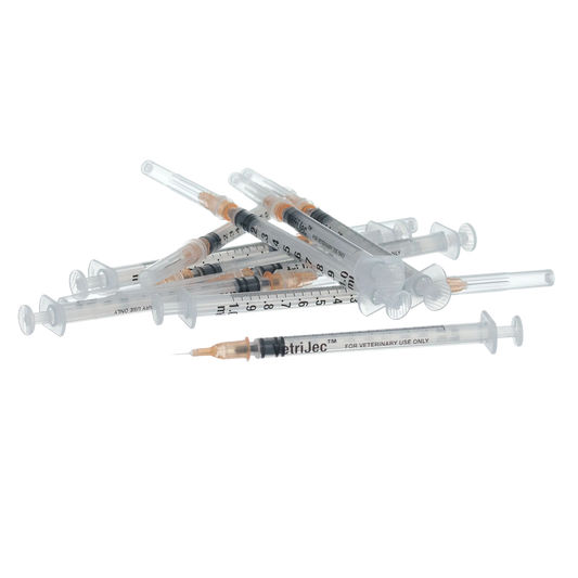 1cc VetriJec™ Syringes with 25 gauge Needles,"Pile of clear syringes with attached capped needles"