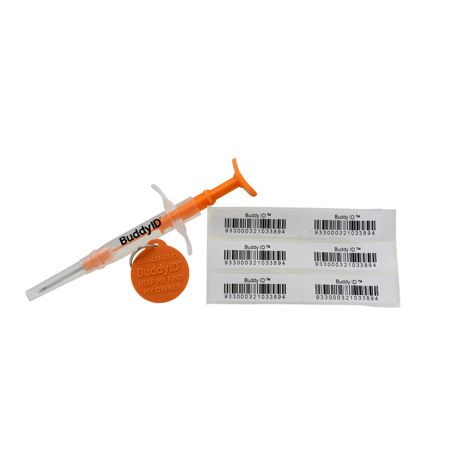 Deluxe Kitten Vaccination and Microchip Bundle,"Orange microchip syringe with pet tag and barcode labels"