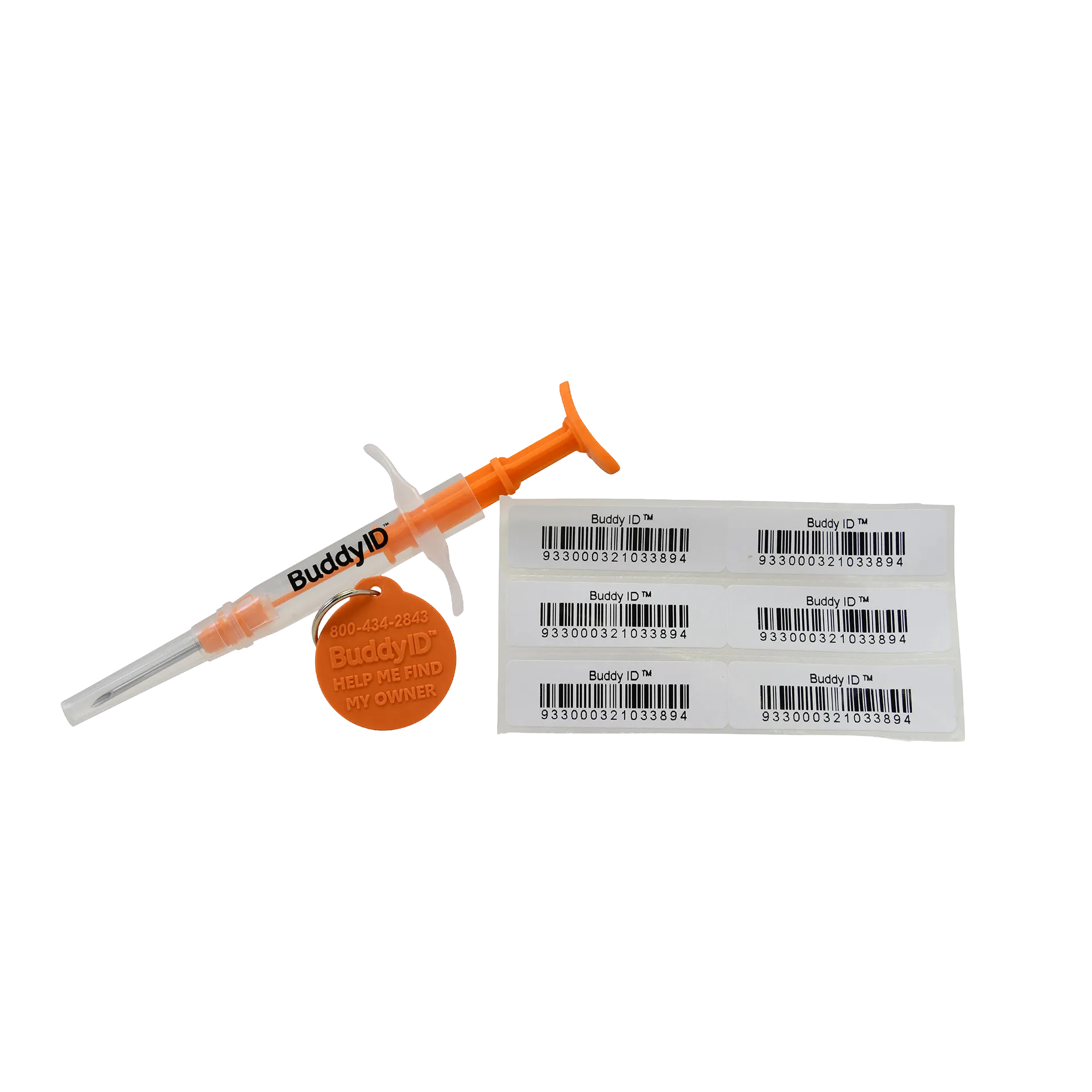 Deluxe Kitten Vaccination and Microchip Bundle,"Orange microchip syringe with pet tag and barcode labels"