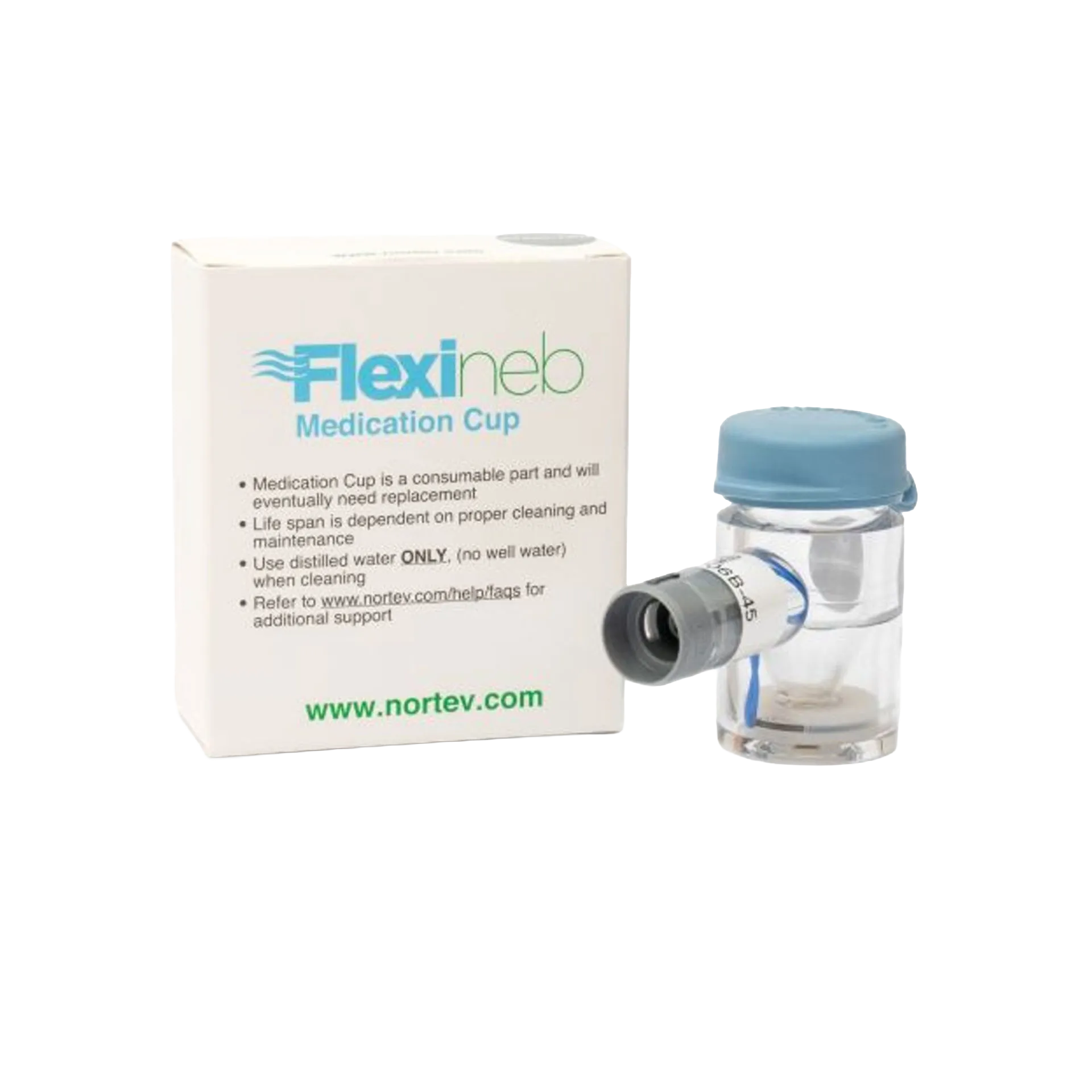 Flexineb® Medium Medication Cup,"Clear medication cup with blue cap and box"