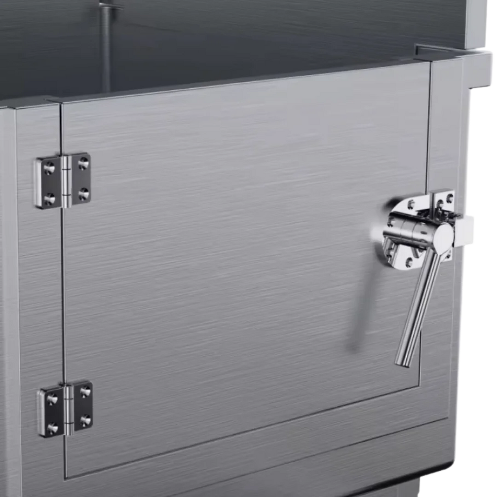 Dog Grooming Electric Tub with Lift-up Door by Waggz,"Brushed metal tub with lift-up door and latch handle"