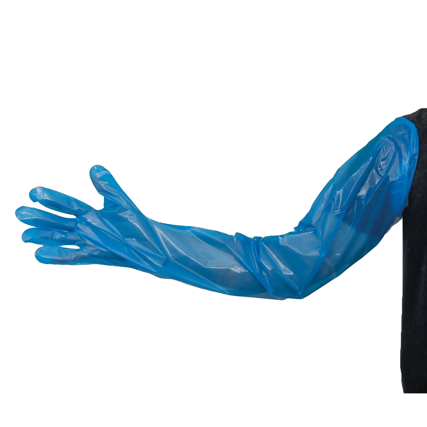 Shoulder Length OB Gloves,"Blue shoulder-length glove worn on arm"
