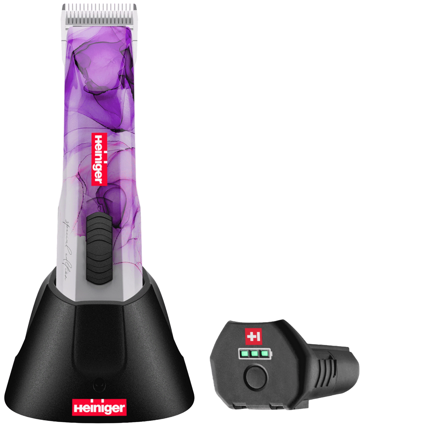 Special Edition Opal Cordless Clipper and Free Blade,"Purple marbled cordless clipper in charging dock with battery pack"