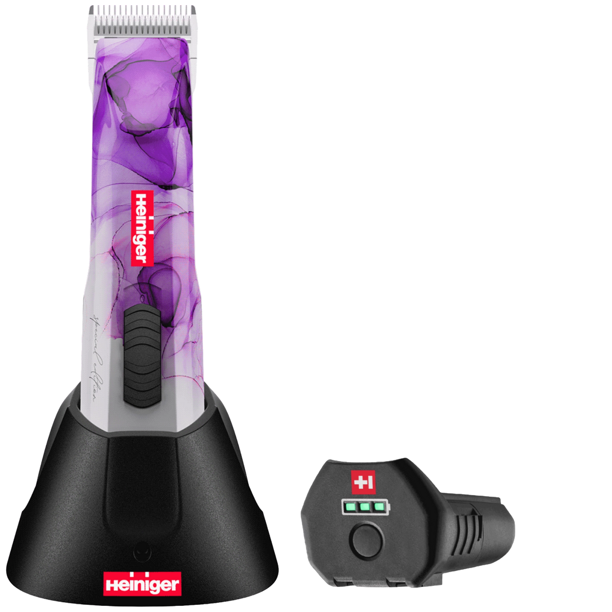 Special Edition Opal Cordless Clipper and Free Blade,"Purple marbled cordless clipper in charging dock with battery pack"