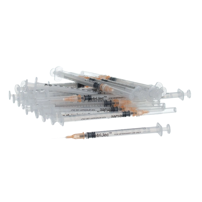 1cc VetriJec™ Syringes with 25 gauge Needles,"Scattered clear syringes with orange needle hubs"