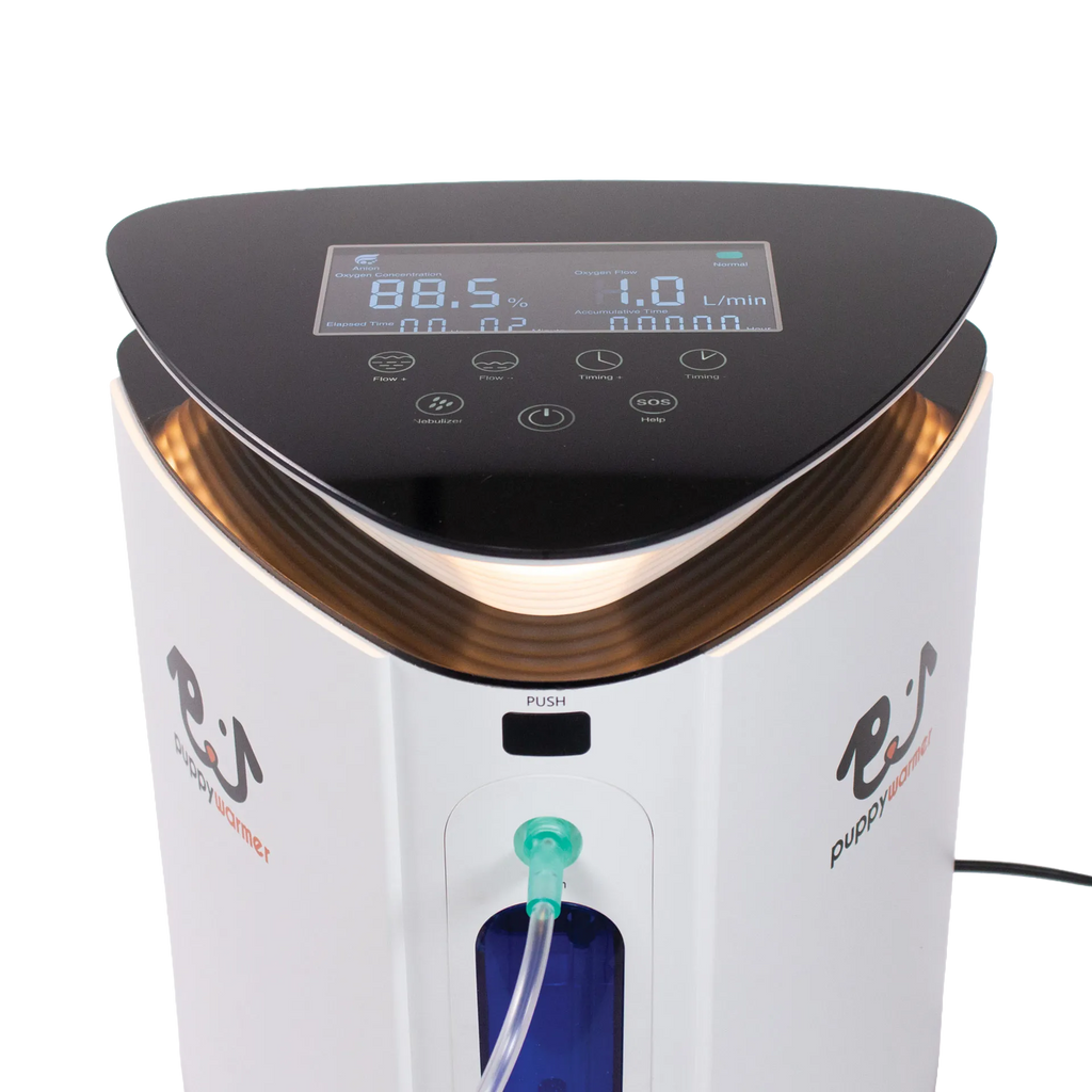 Puppywarmer® Oxygen Concentrator,"Close-up of control panel and front tubing port"