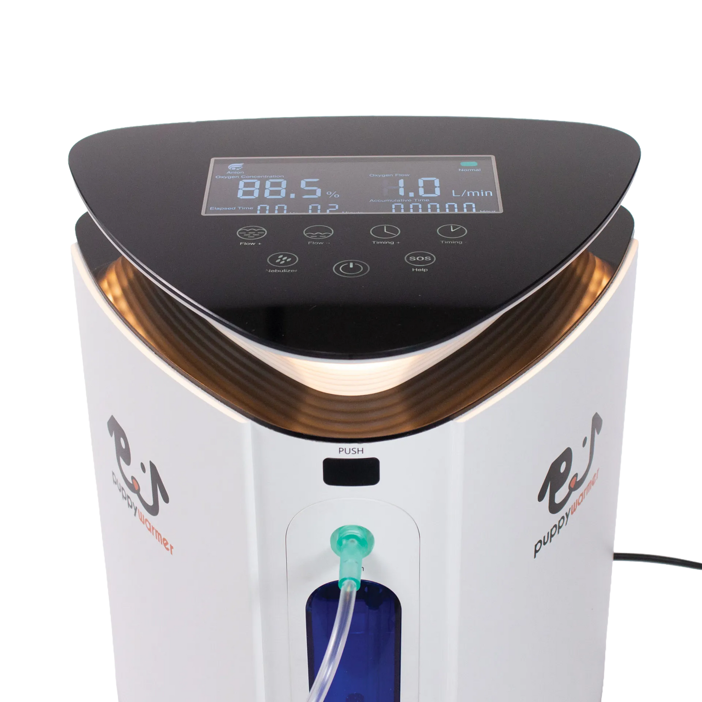 Puppywarmer® Oxygen Concentrator,"Close-up of control panel and front tubing port"