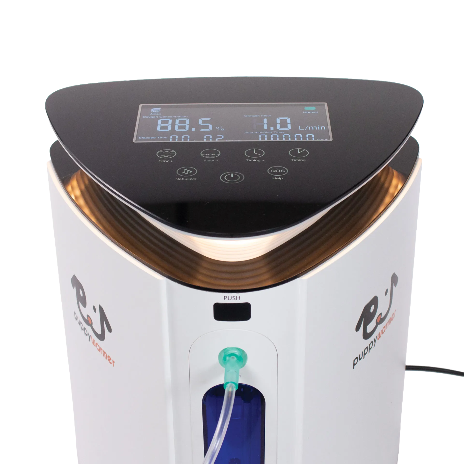 Puppywarmer® Oxygen Concentrator,"Close-up of control panel and front tubing port"