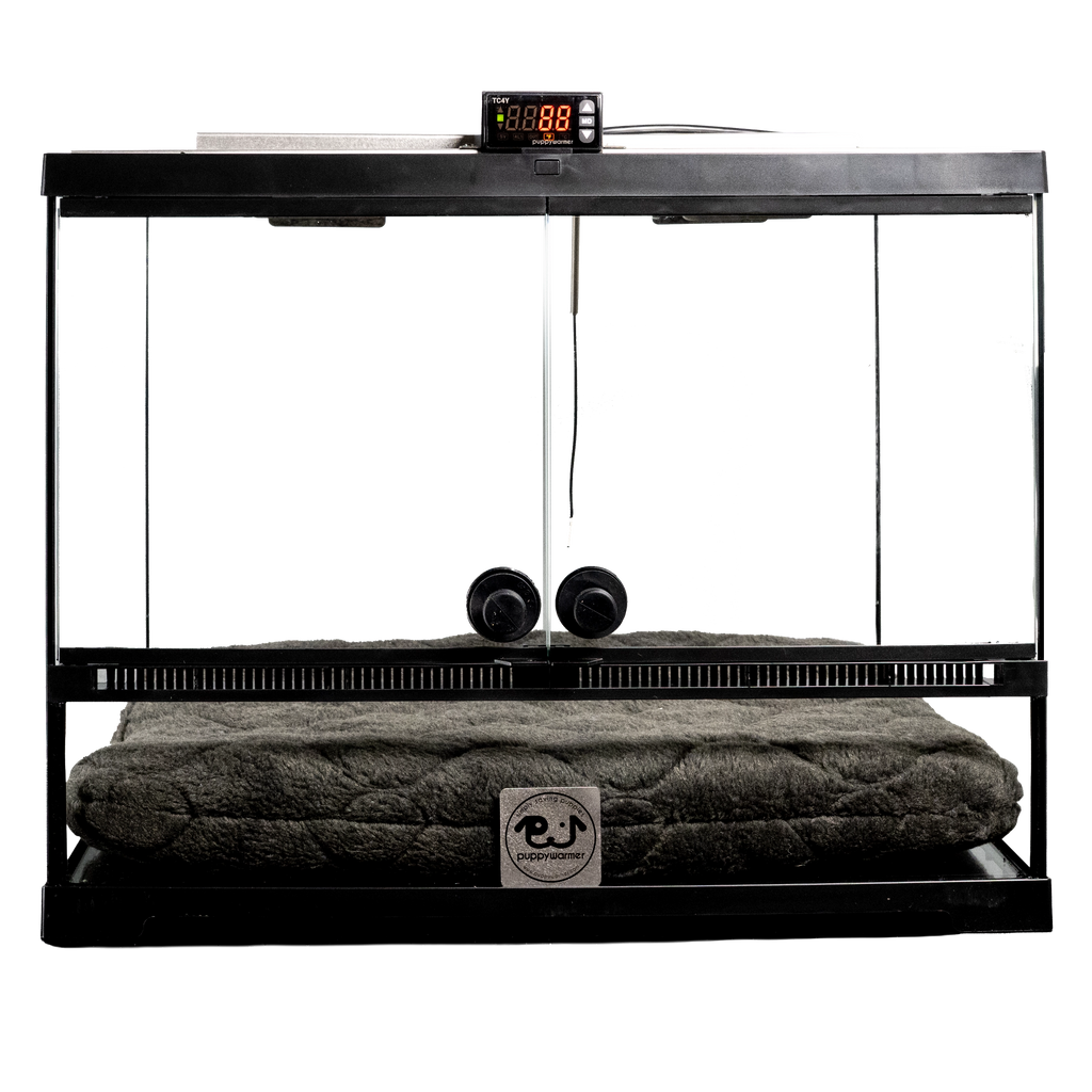 Puppywarmer® Puppy Incubator,"Glass-front incubator with digital display and plush bed"