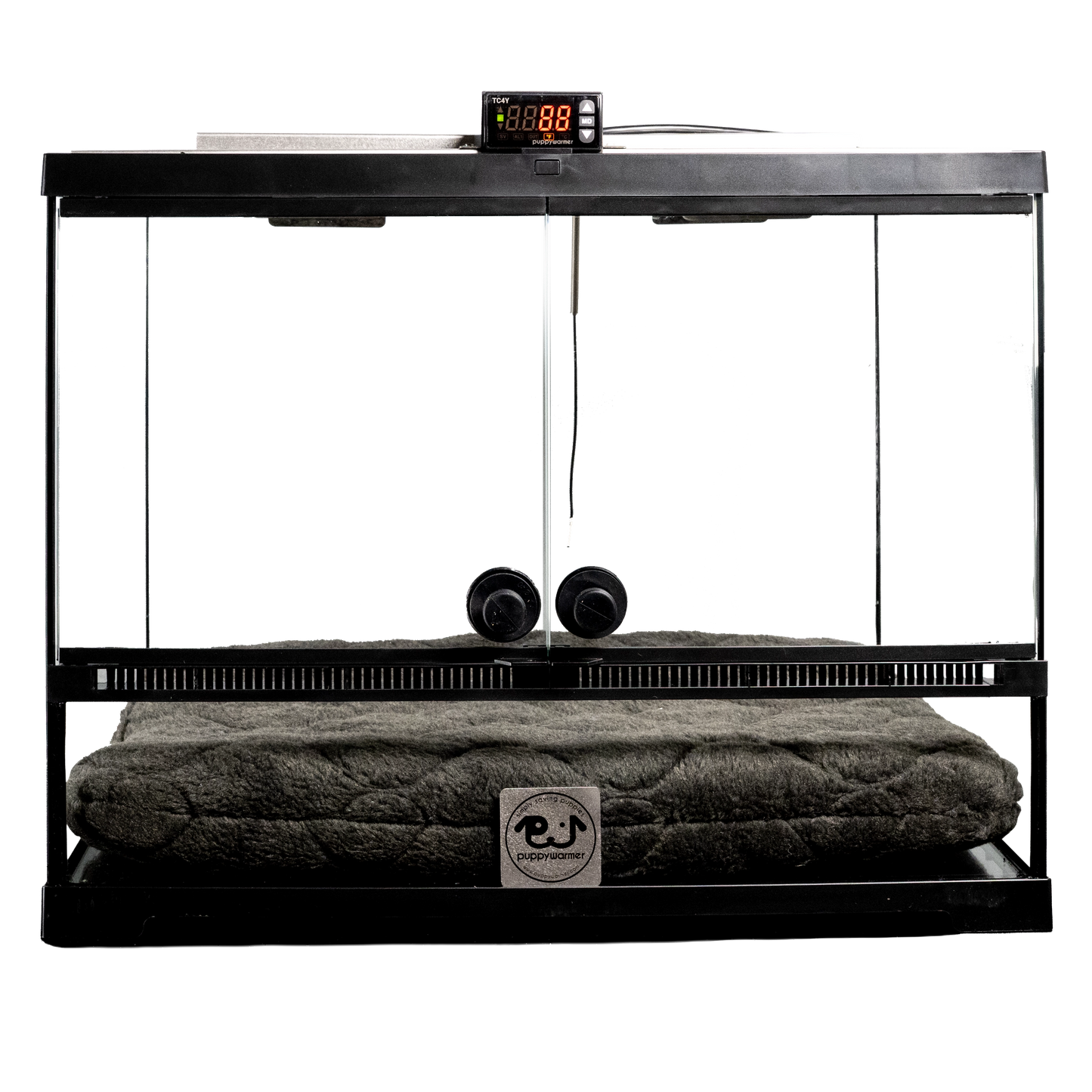Puppywarmer® Puppy Incubator,"Glass-front incubator with digital display and plush bed"