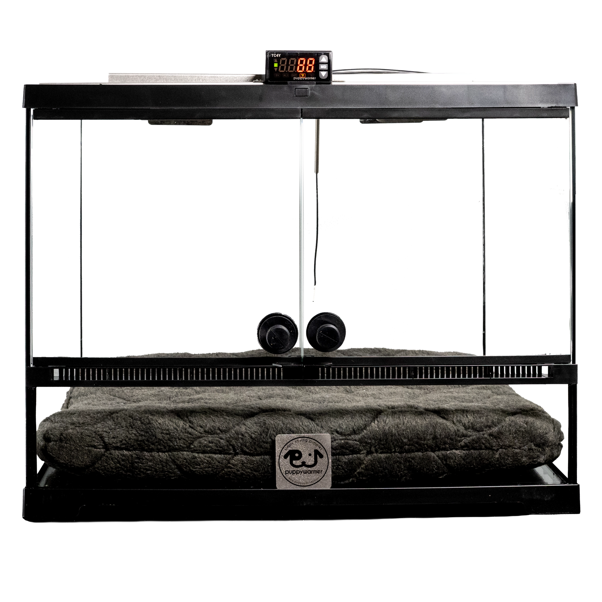 Puppywarmer® Puppy Incubator,"Glass-front incubator with digital display and plush bed"