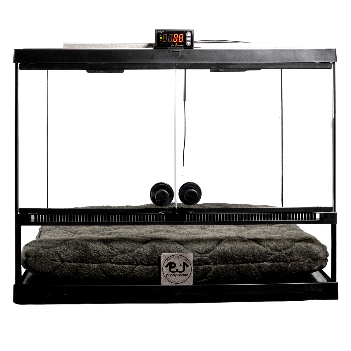 Puppywarmer® Puppy Incubator,"Glass-front incubator with digital display and plush bed"