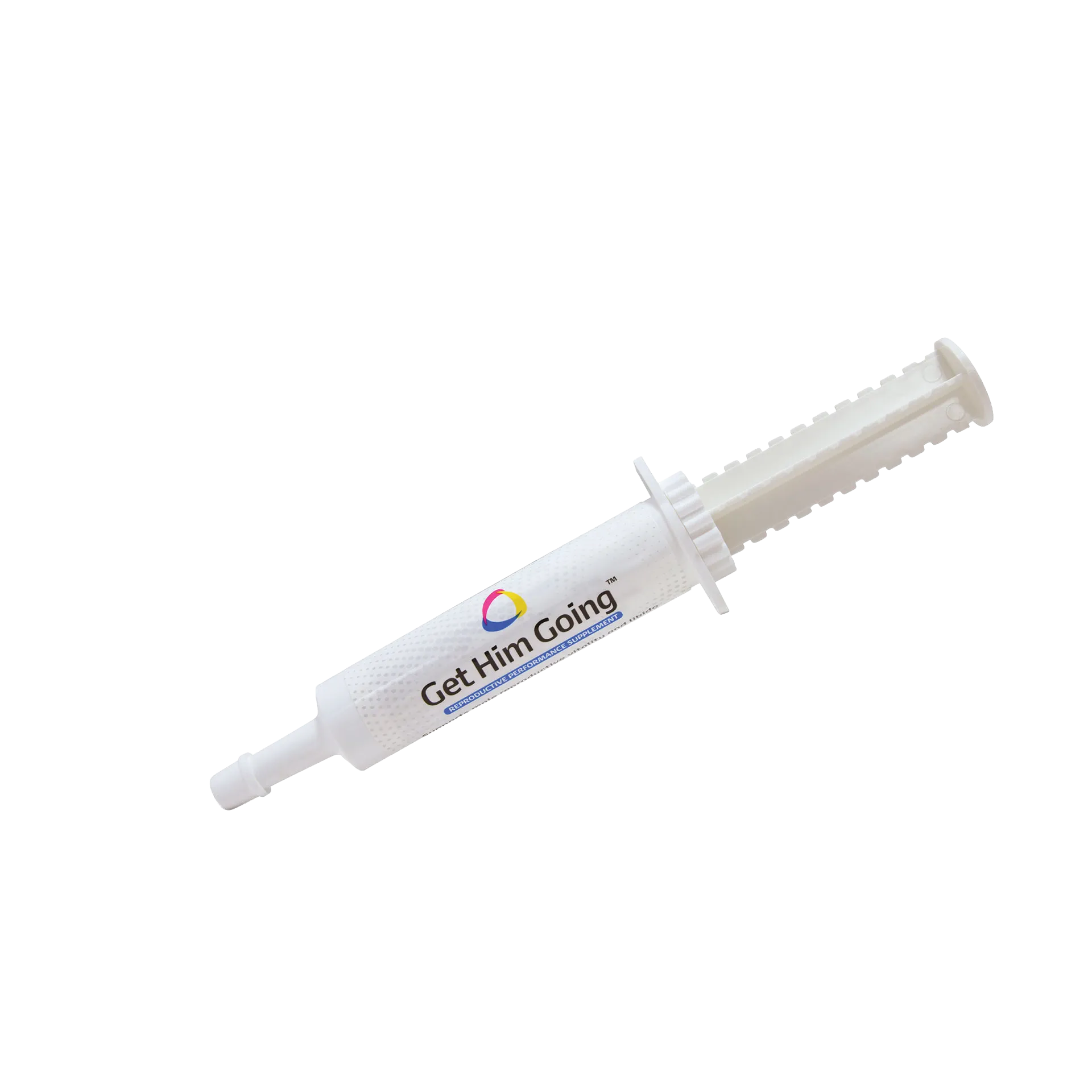 Breeder's Edge® Get Him Going™,"White oral paste syringe with plunger"