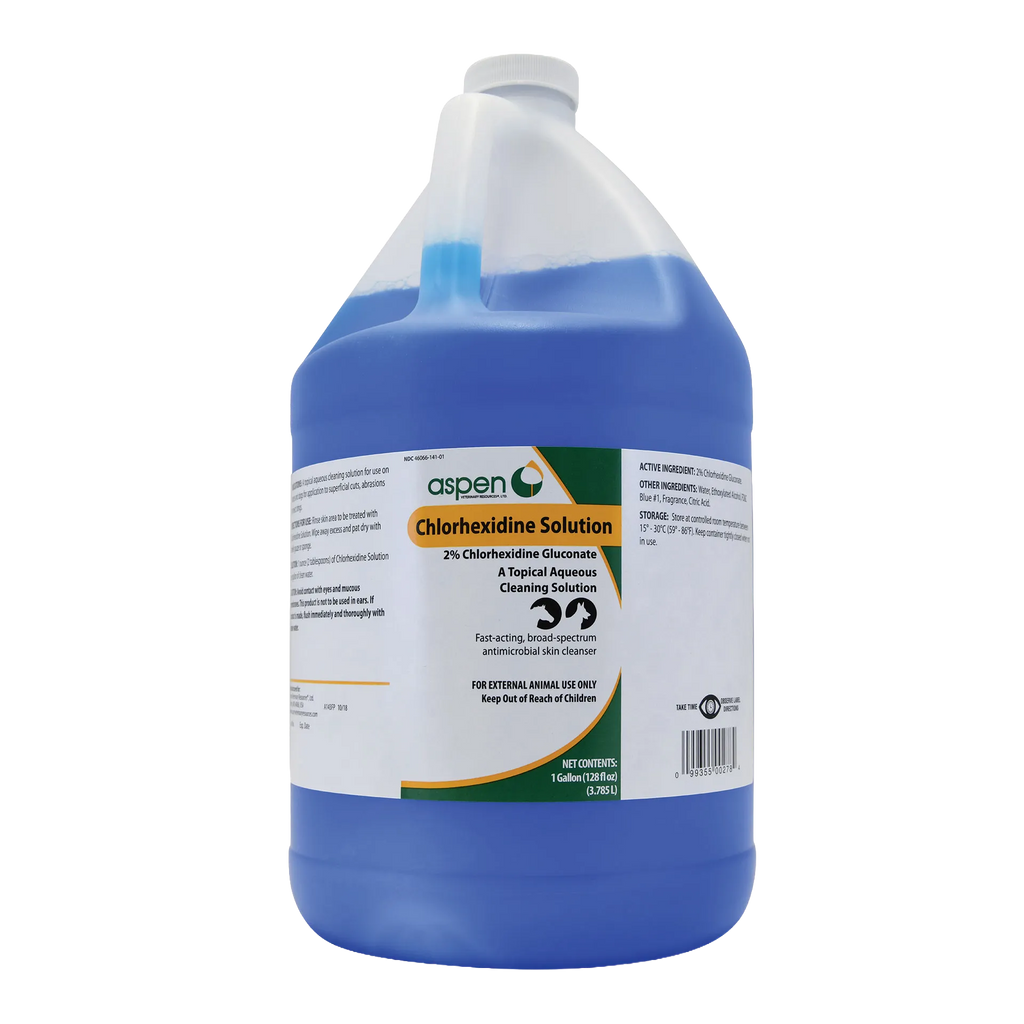 Chlorhexidine Solution,"One-gallon jug with handle, white cap, and blue liquid"