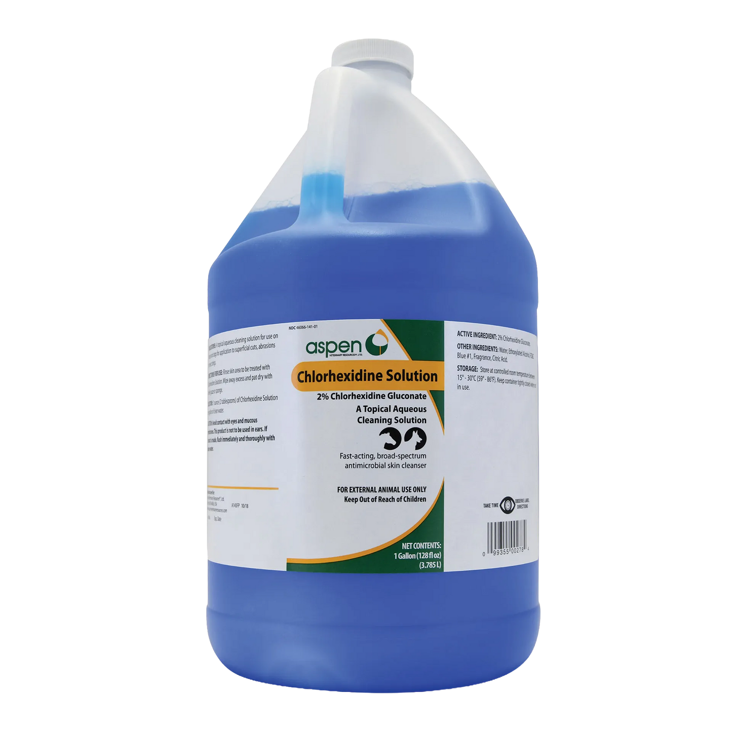 Chlorhexidine Solution,"One-gallon jug with handle, white cap, and blue liquid"