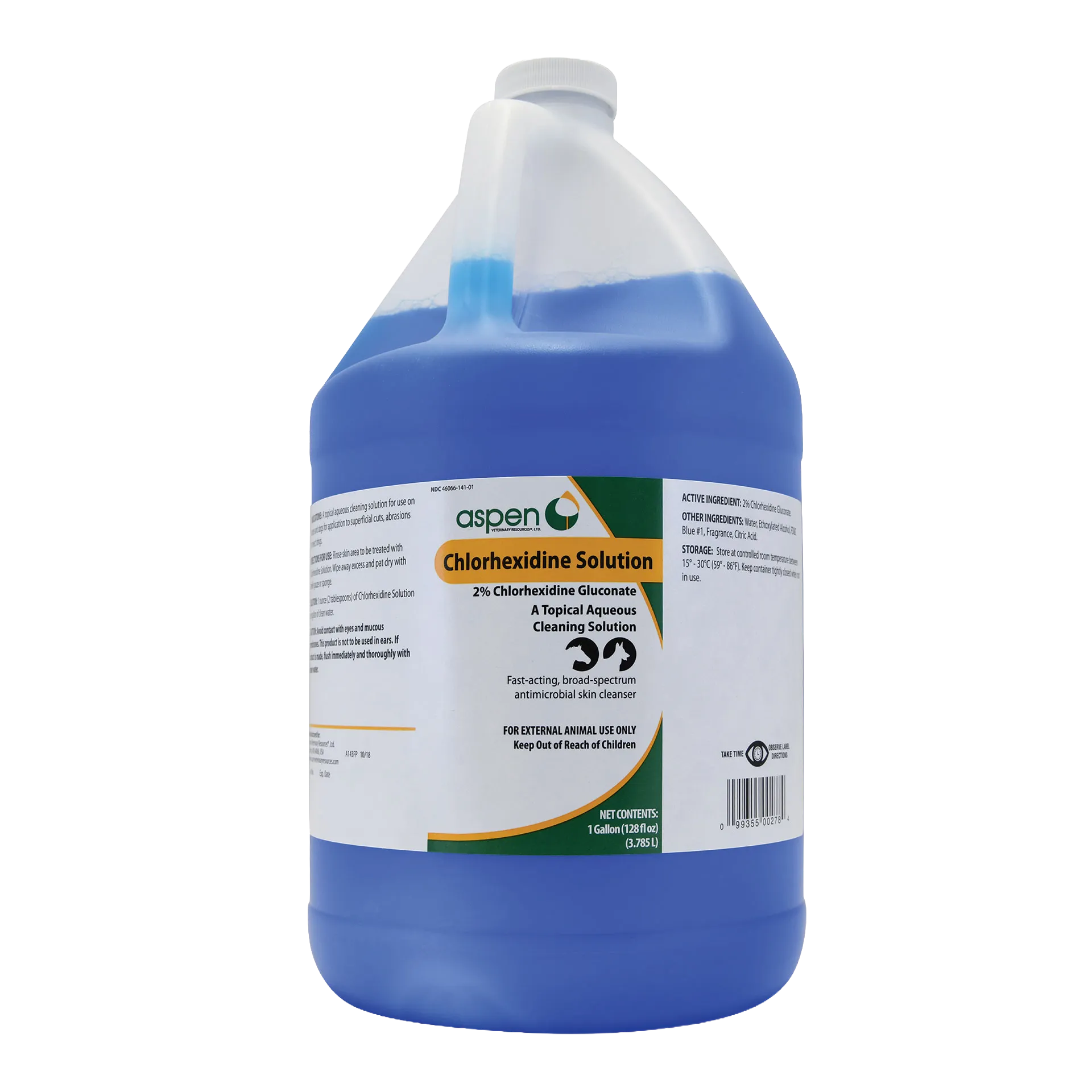 Chlorhexidine Solution,"One-gallon jug with handle, white cap, and blue liquid"