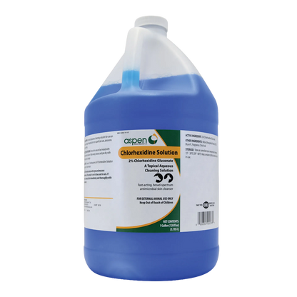 Chlorhexidine Solution,"One-gallon jug with handle, white cap, and blue liquid"