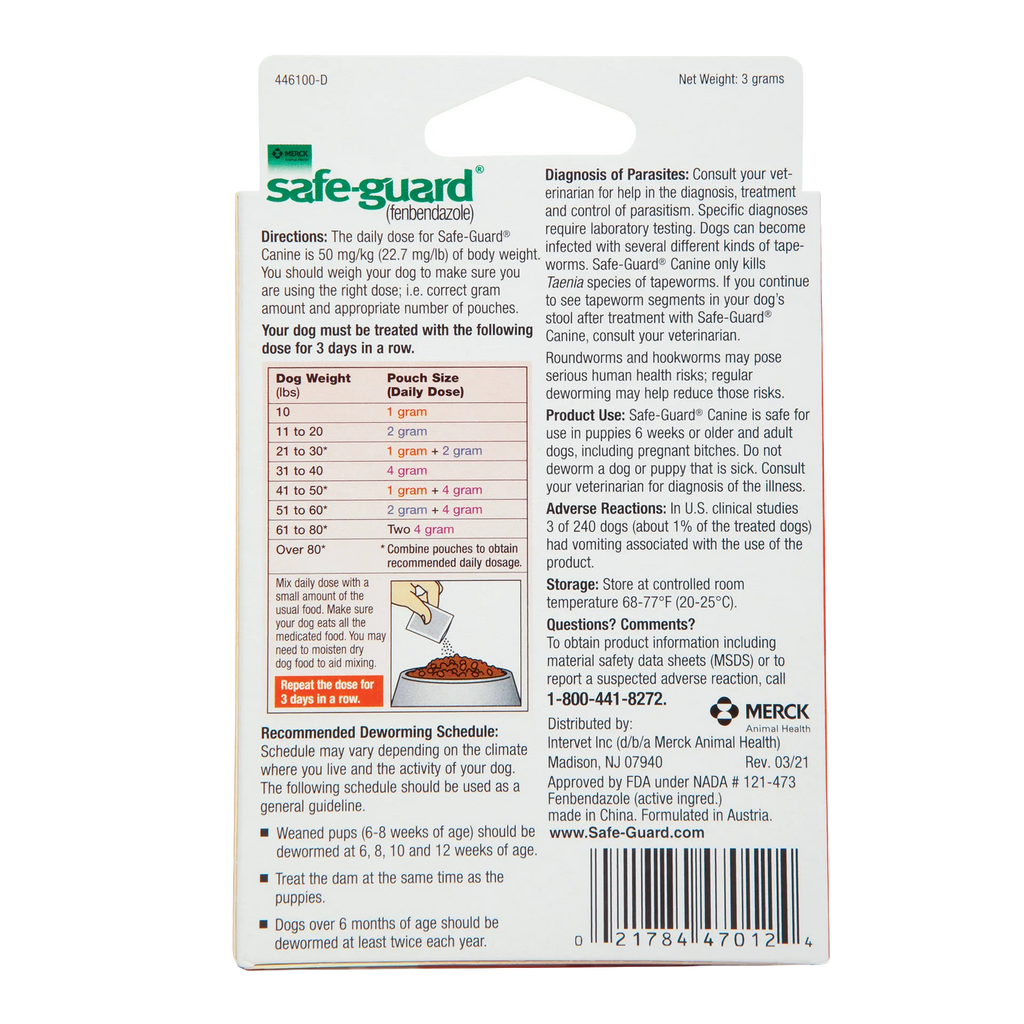 Safe-Guard® Canine Dewormer for Dogs,"Back of pouch package with dosage chart and barcode"