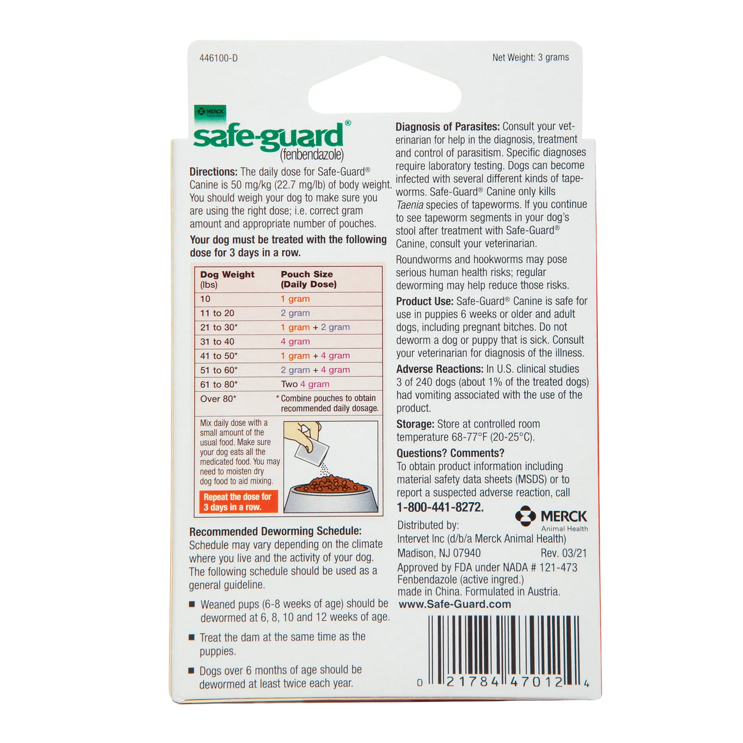 Safe-Guard® Canine Dewormer for Dogs,"Back of pouch package with dosage chart and barcode"