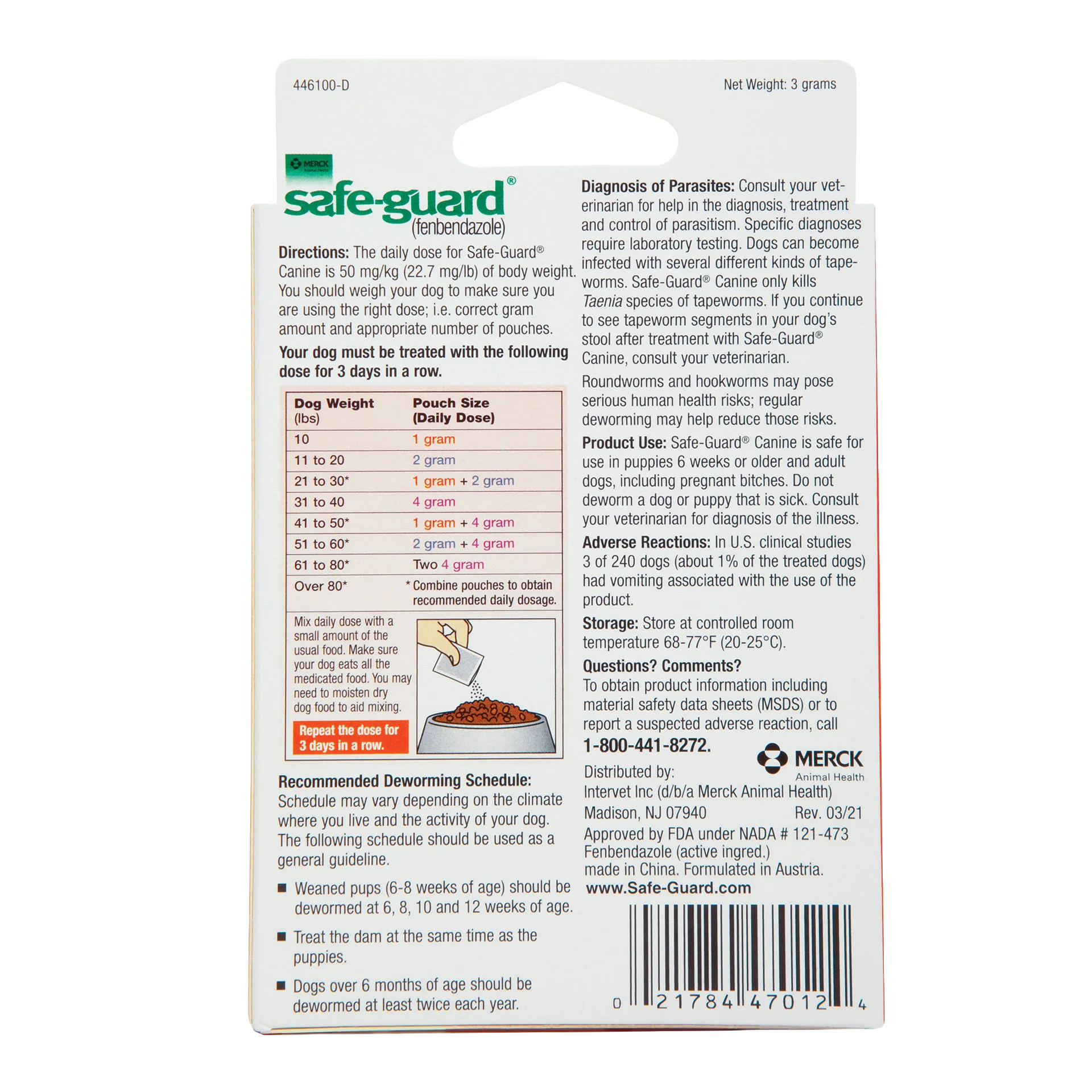 Safe-Guard® Canine Dewormer for Dogs,"Back of pouch package with dosage chart and barcode"
