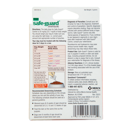 Safe-Guard® Canine Dewormer for Dogs,"Back of pouch package with dosage chart and barcode"