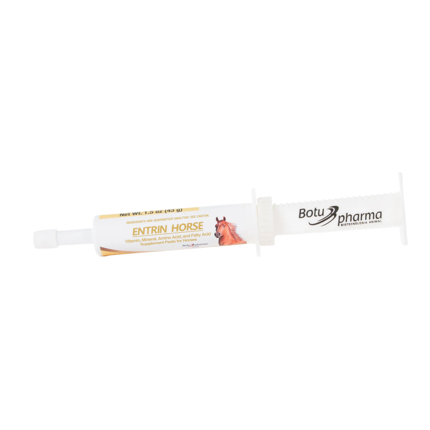 BotuMix Entrin Horse,"White oral paste syringe with horse label and plunger"