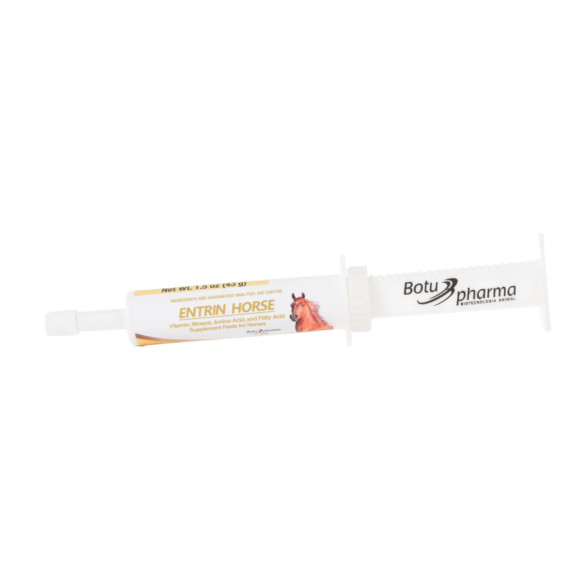 BotuMix Entrin Horse,"White oral paste syringe with horse label and plunger"