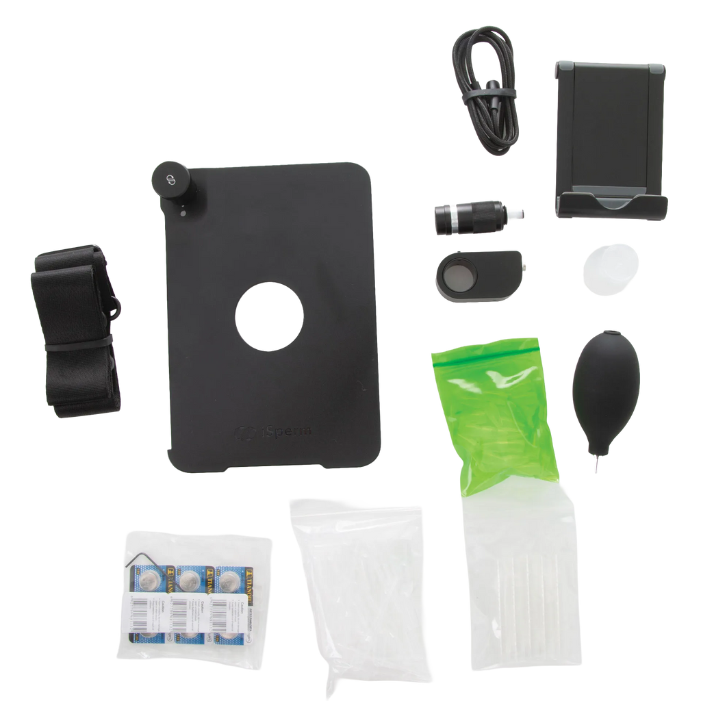 iSperm Semen Analyzer,"Black analyzer kit with stand, cable, lens, bulb, and accessories"