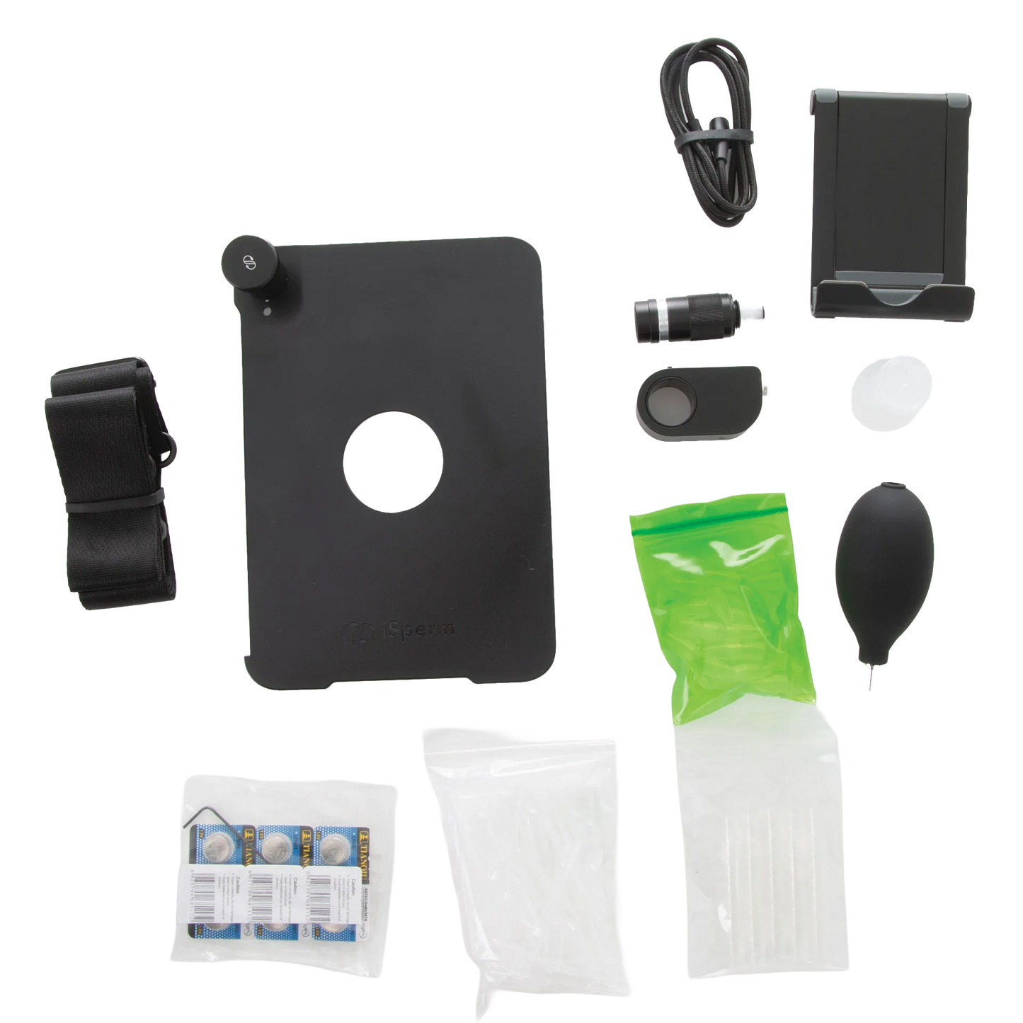 iSperm Semen Analyzer,"Black analyzer kit with stand, cable, lens, bulb, and accessories"