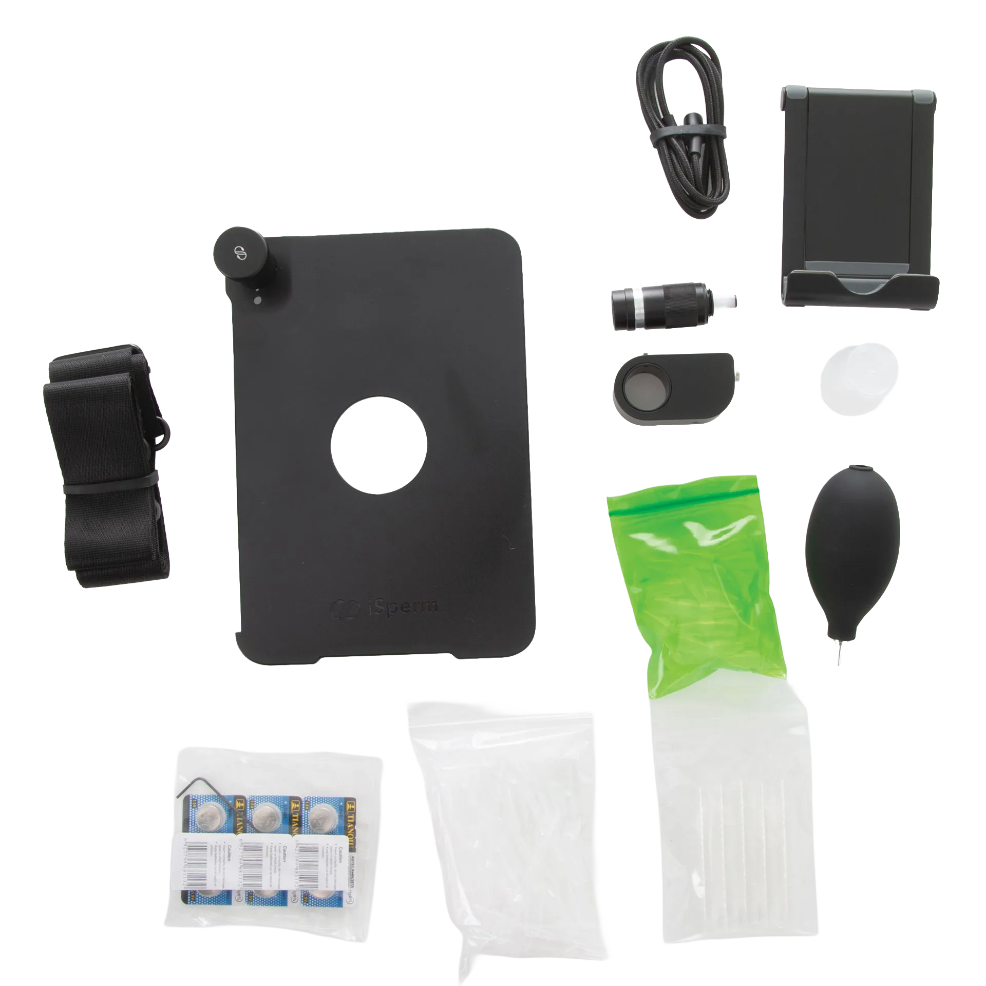 iSperm Semen Analyzer,"Black analyzer kit with stand, cable, lens, bulb, and accessories"