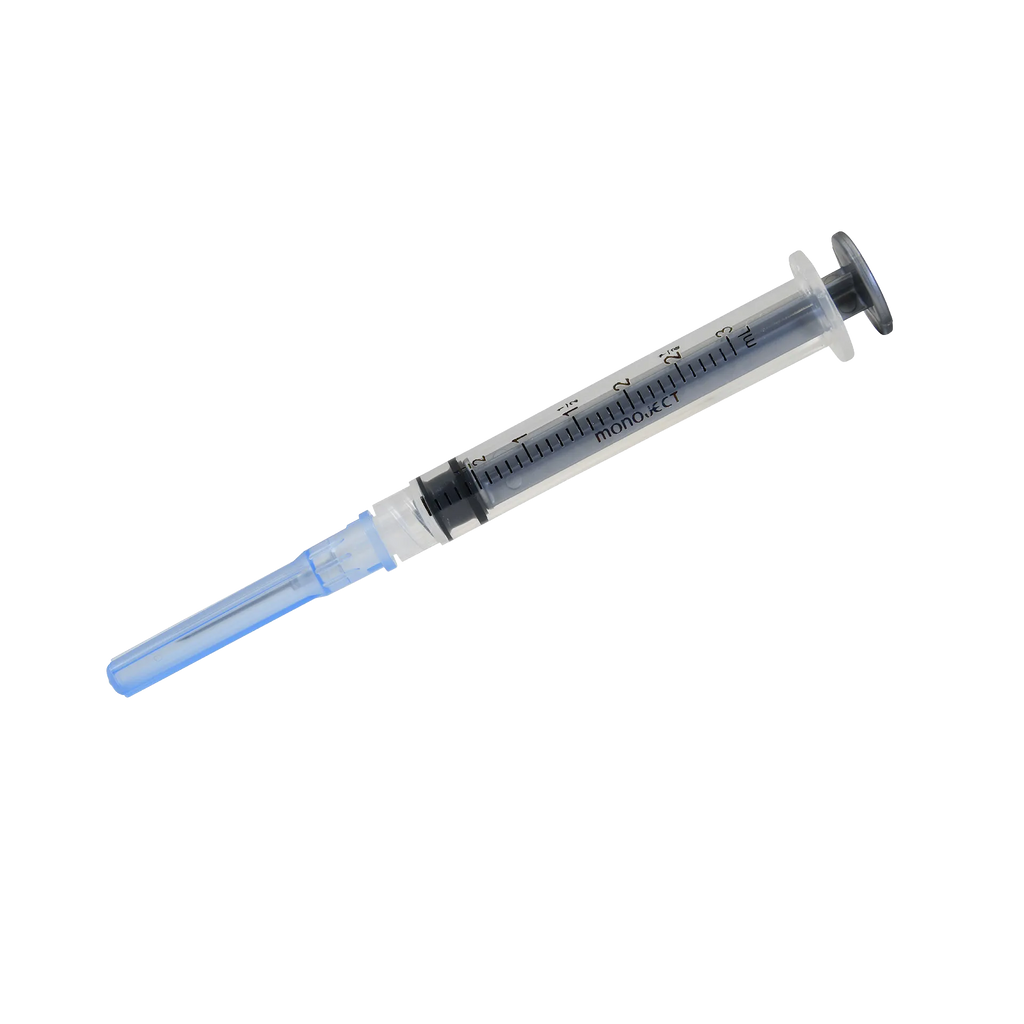 Deluxe Puppy Vaccination and Microchip Bundle,"Clear syringe with blue needle cap"